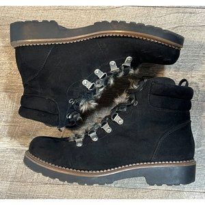 Esprit Cassia Women's Size 7.5 Fashion Ankle Boot Black Faux Suede With Fur Trim